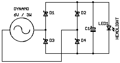Ultra-simple and low cost LED bicycle headlight for dynamo operation